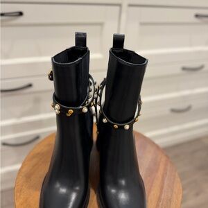 Zara Black Ankle Boots with Pearl and Gold Accents